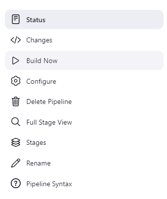 Jenkins Classic UI sidebar for 'example-pipeline', showing options: Status, Changes, Build Now, Configure, Delete Pipeline, Full Stage View, Stages, Rename and Pipeline Syntax.