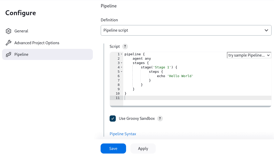 Configure page of 'example-pipeline' with the Pipeline tab selected in the Jenkins Classic UI. The 'Hello World' script is written in the script section, and the 'Use Groovy Sandbox' option is checked.